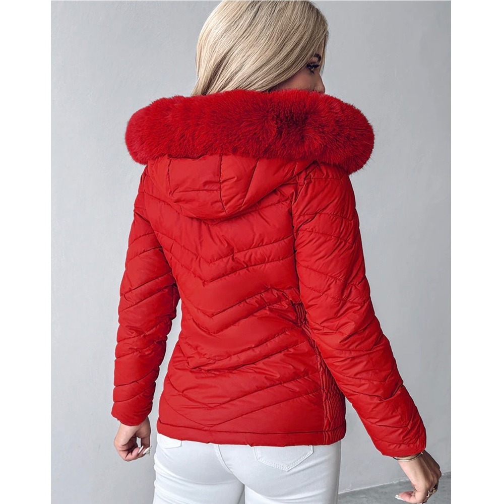 CHIC ME Women's Red Puffer Jacket Faux Fur Hood Quilted Zip Up Size L - Picture 8 of 8